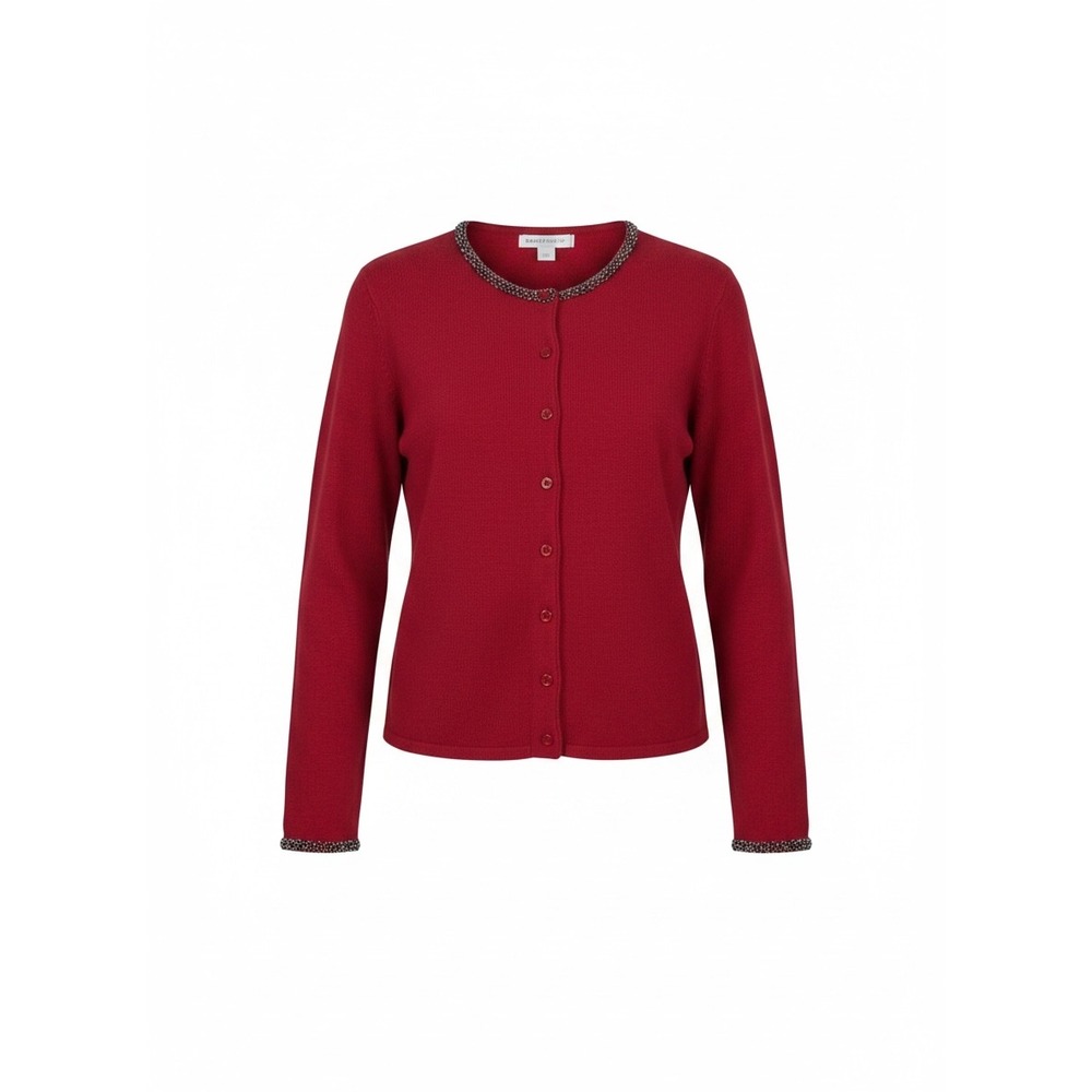 Jennifer Moore Red Lambswool Angora Beaded Cardigan Sweater‎ Small Crewneck